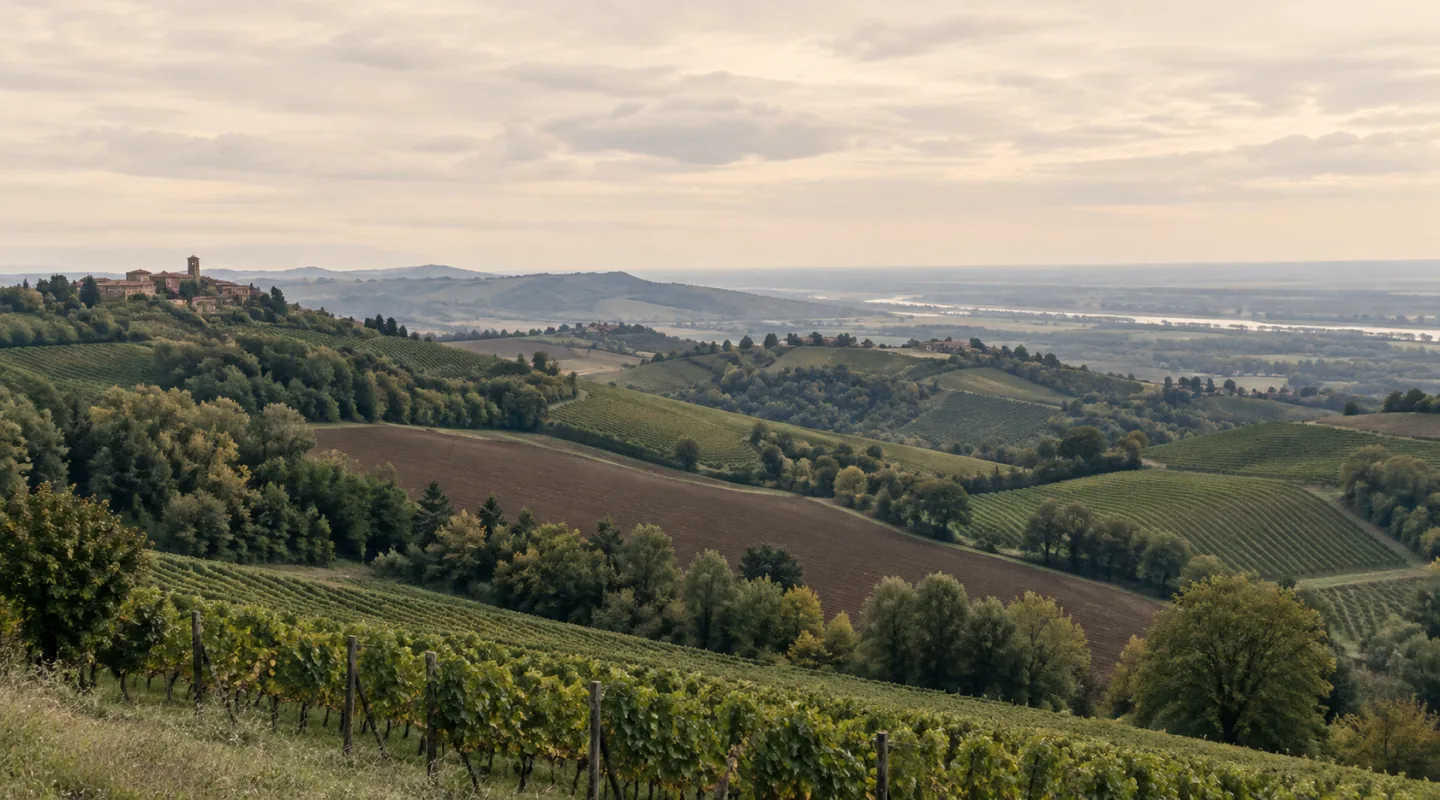 Colline coltivate a vigneto e strisce di campo arato, con un borgo e un campanile sul crinale e la pianura fluviale sul fondo